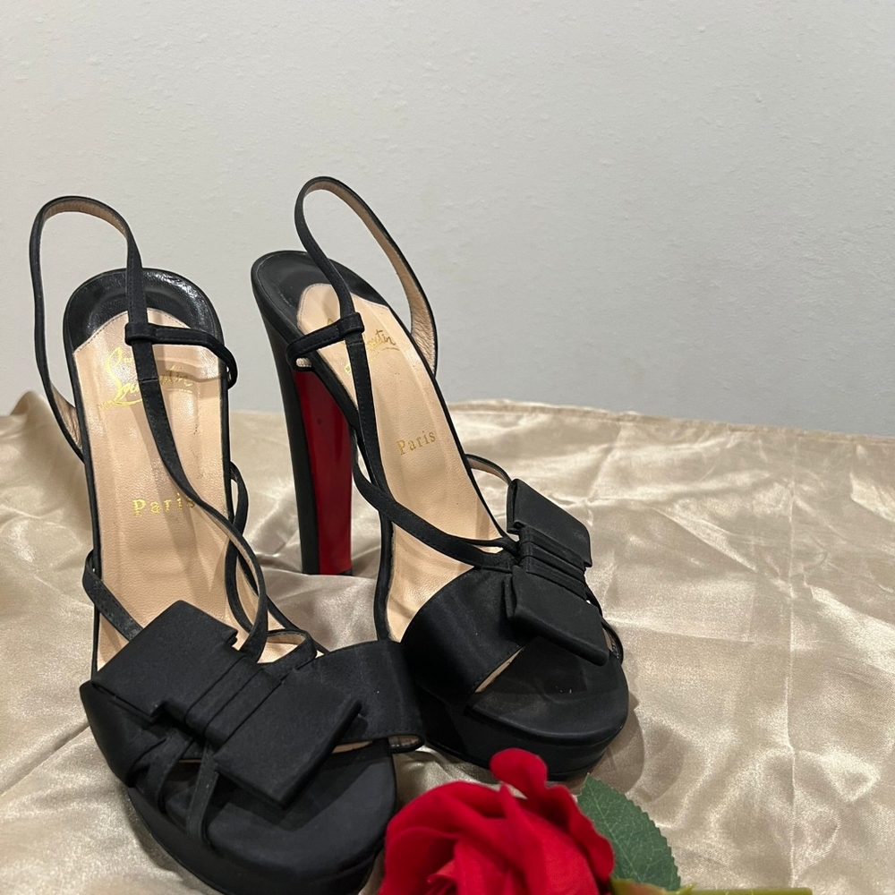 Christian Louboutin Satin Bow Slingback Platform Heels - Picture 7 of 12